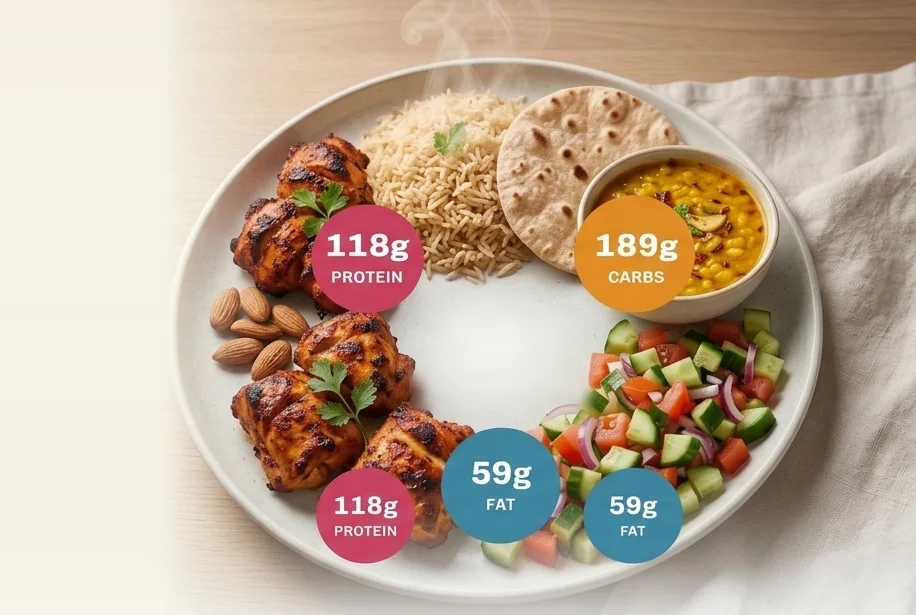 A plate of chicken tikka, rice, roti, daal, salad and almonds