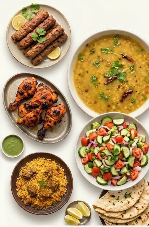 Daal, seekh kebab, tandoori chicken, salad, biryani and roti laid out on a table