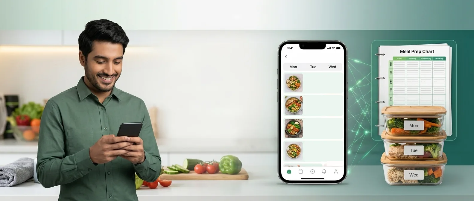 A smiling man checks his meal plan on his phone in a bright kitchen, next to meal prep boxes for Monday, Tuesday and Wednesday