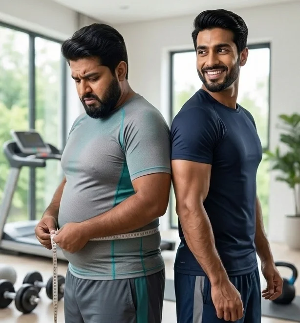 Two men in a home gym: one measuring his waist with a tape, the other fit and smiling