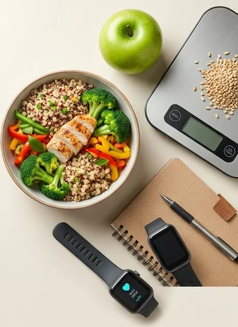 A bowl of quinoa, chicken and vegetables with an apple, a kitchen scale, a notebook and a fitness watch