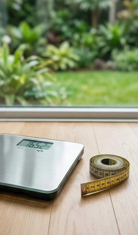 A bathroom scale and a measuring tape on a wooden floor by a garden window