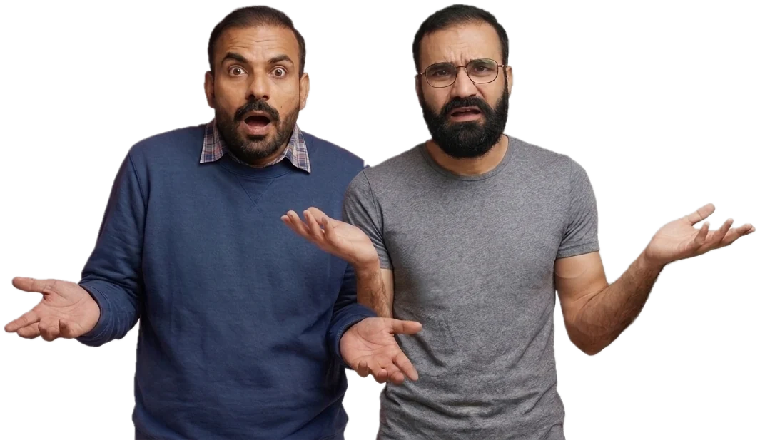 Two confused men shrugging, not sure what to believe about weight loss